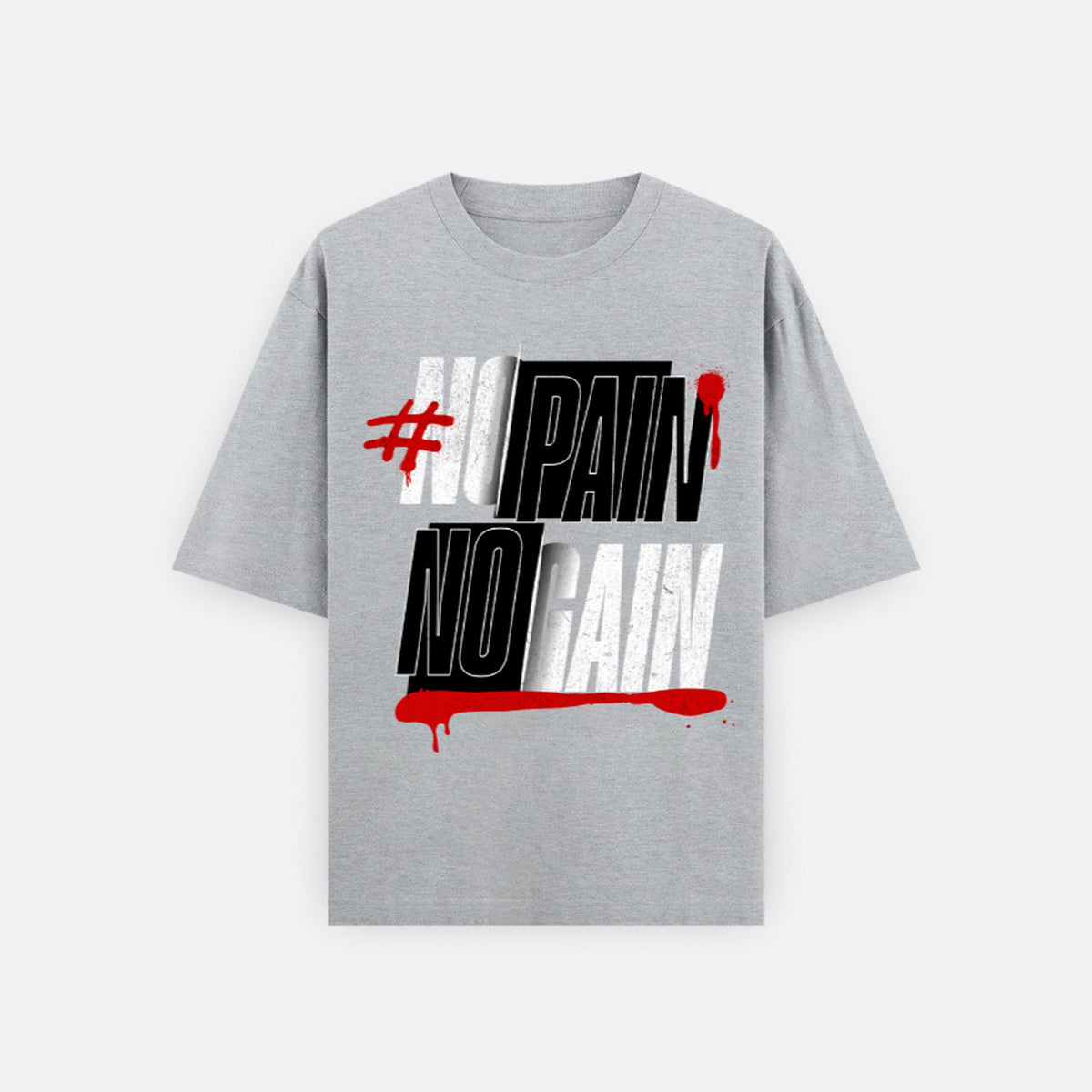 Flat front view of the melange grey No Pain No Gain oversized T-shirt, black and white typography with red accents