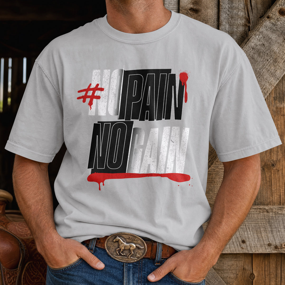 Melange grey No Pain No Gain oversized T-shirt worn by a model, distressed motivational gym print