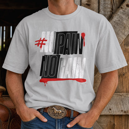 Melange grey No Pain No Gain oversized T-shirt worn by a model, distressed motivational gym print
