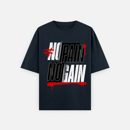 Flat front view of the navy blue No Pain No Gain oversized T-shirt, layered condensed lettering with a red drip underline