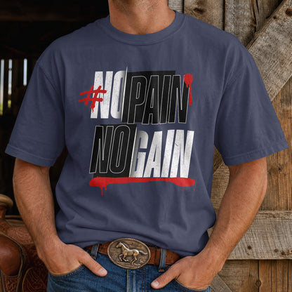 Navy blue No Pain No Gain oversized gym T-shirt on a model, front typography print
