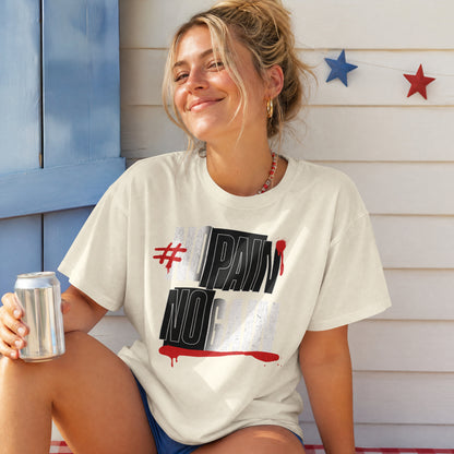 Woman in the off white No Pain No Gain oversized T-shirt, layered distressed lettering with a red drip underline
