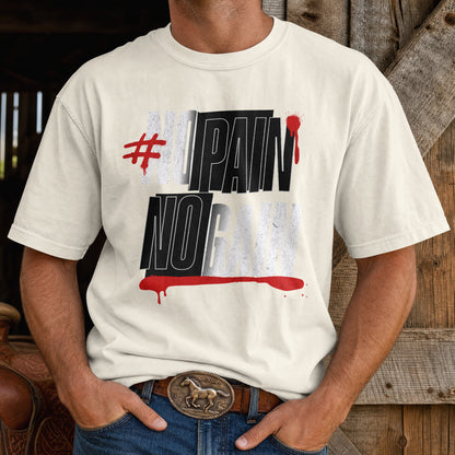 Off white No Pain No Gain oversized unisex gym T-shirt on a model, bold front chest graphic
