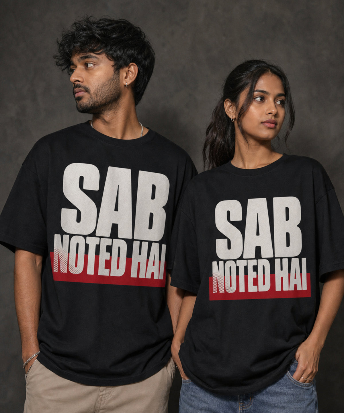 Black Sab Noted Hai meme oversized t-shirt on male and female models