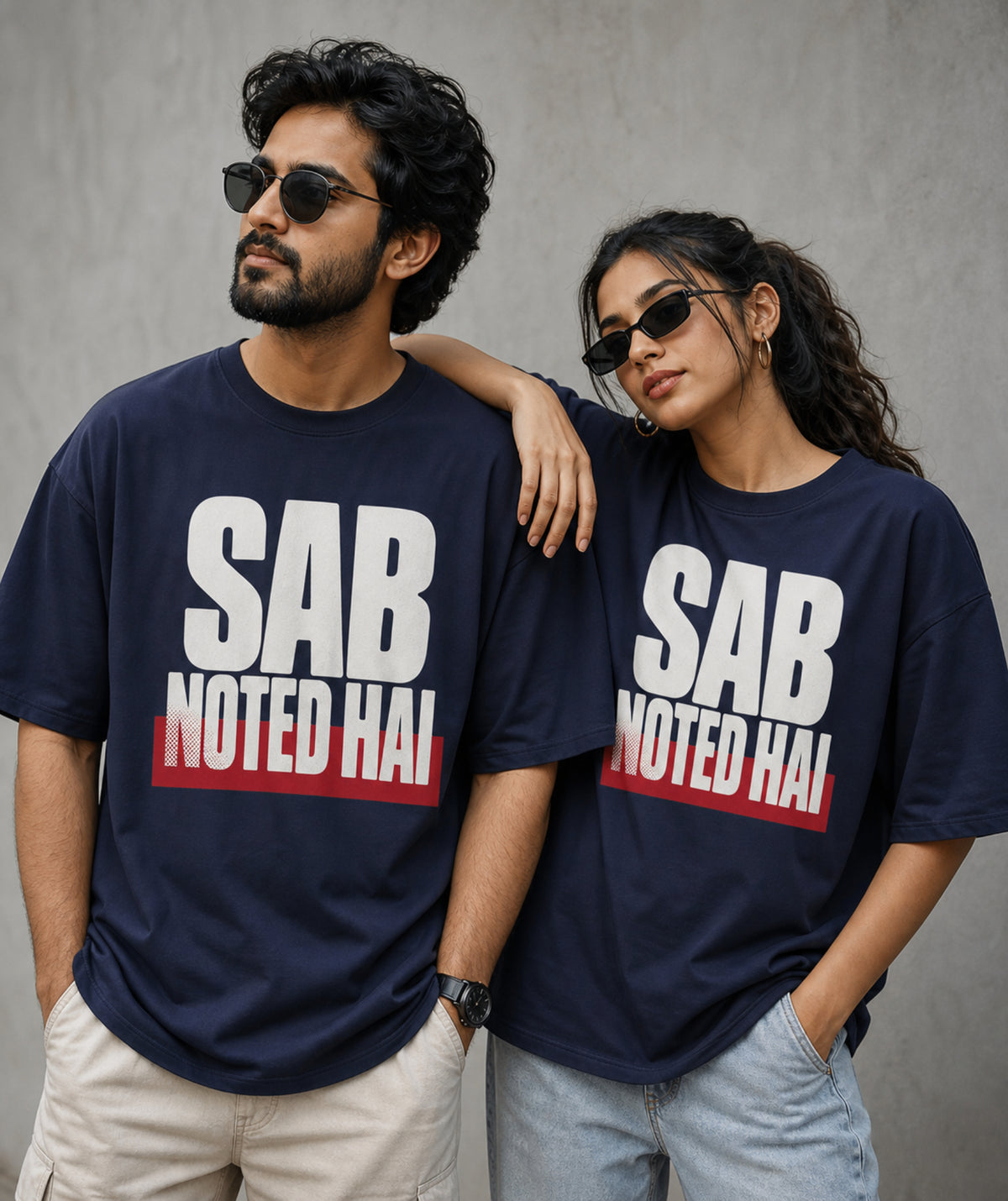 Navy Blue Sab Noted Hai meme oversized t-shirt on male and female models