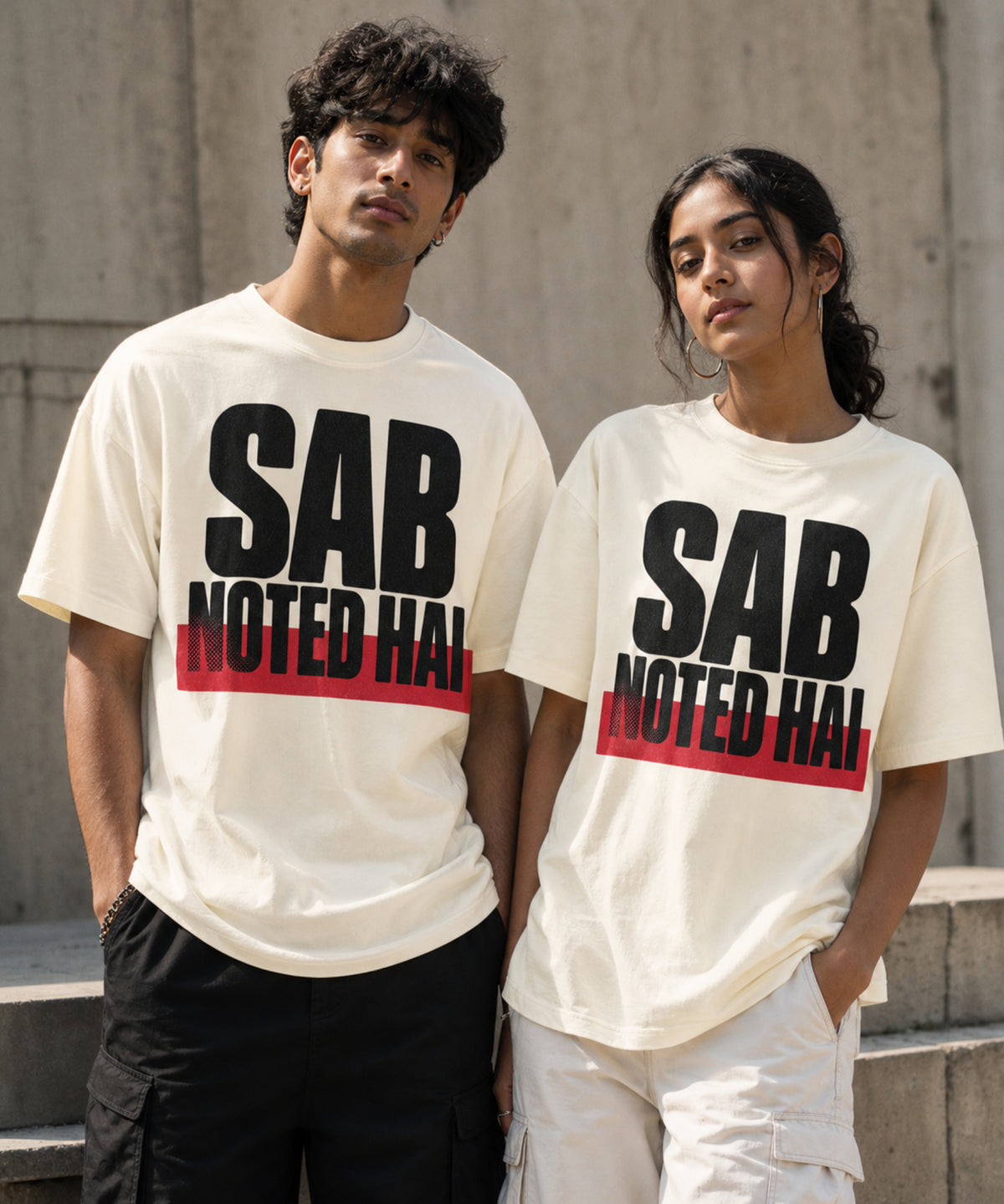 Off white Sab Noted Hai meme oversized t-shirt on male and female models