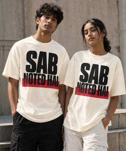 Off white Sab Noted Hai meme oversized t-shirt on male and female models