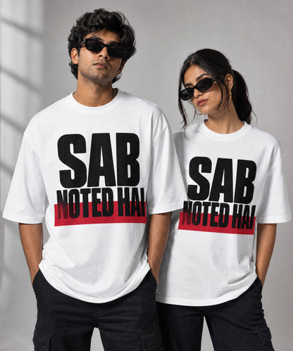 White Sab Noted Hai meme oversized t-shirt on male and female models