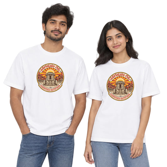 Man and woman wearing white Sirigannadam Gelge Kannada Rajyotsava T-shirts with a Hampi stone chariot badge print on the chest