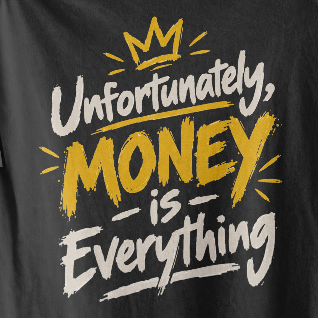 Black Unfortunately Money Is Everything oversized T-shirt back print close-up – light brush-script slogan with MONEY in mustard yellow under a gold crown
