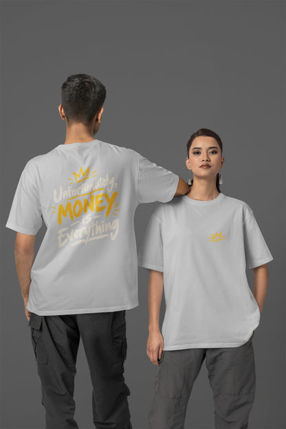 Melange Grey Unfortunately Money Is Everything oversized T-shirt on a man and woman, light back slogan print with MONEY in mustard yellow, small crown on the front chest