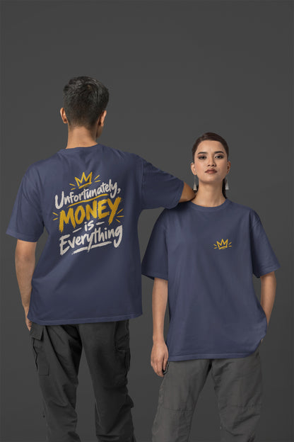 Navy Blue Unfortunately Money Is Everything oversized T-shirt on a man and woman, light back slogan print with MONEY in mustard yellow, small crown on the front chest