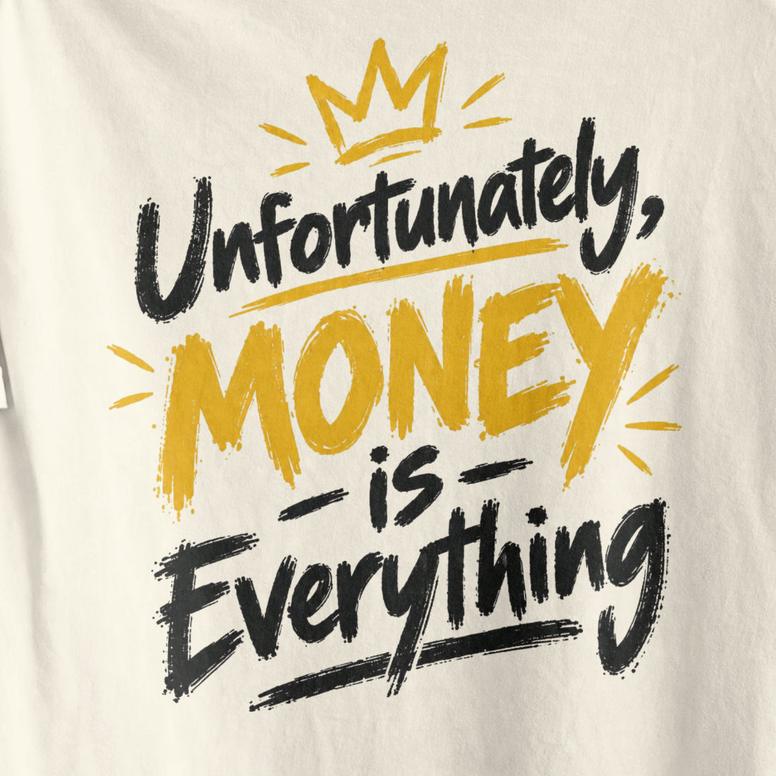 Off white Unfortunately Money Is Everything oversized T-shirt back print close-up – dark brush-script slogan with MONEY in mustard yellow under a gold crown