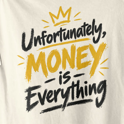 Off white Unfortunately Money Is Everything oversized T-shirt back print close-up – dark brush-script slogan with MONEY in mustard yellow under a gold crown