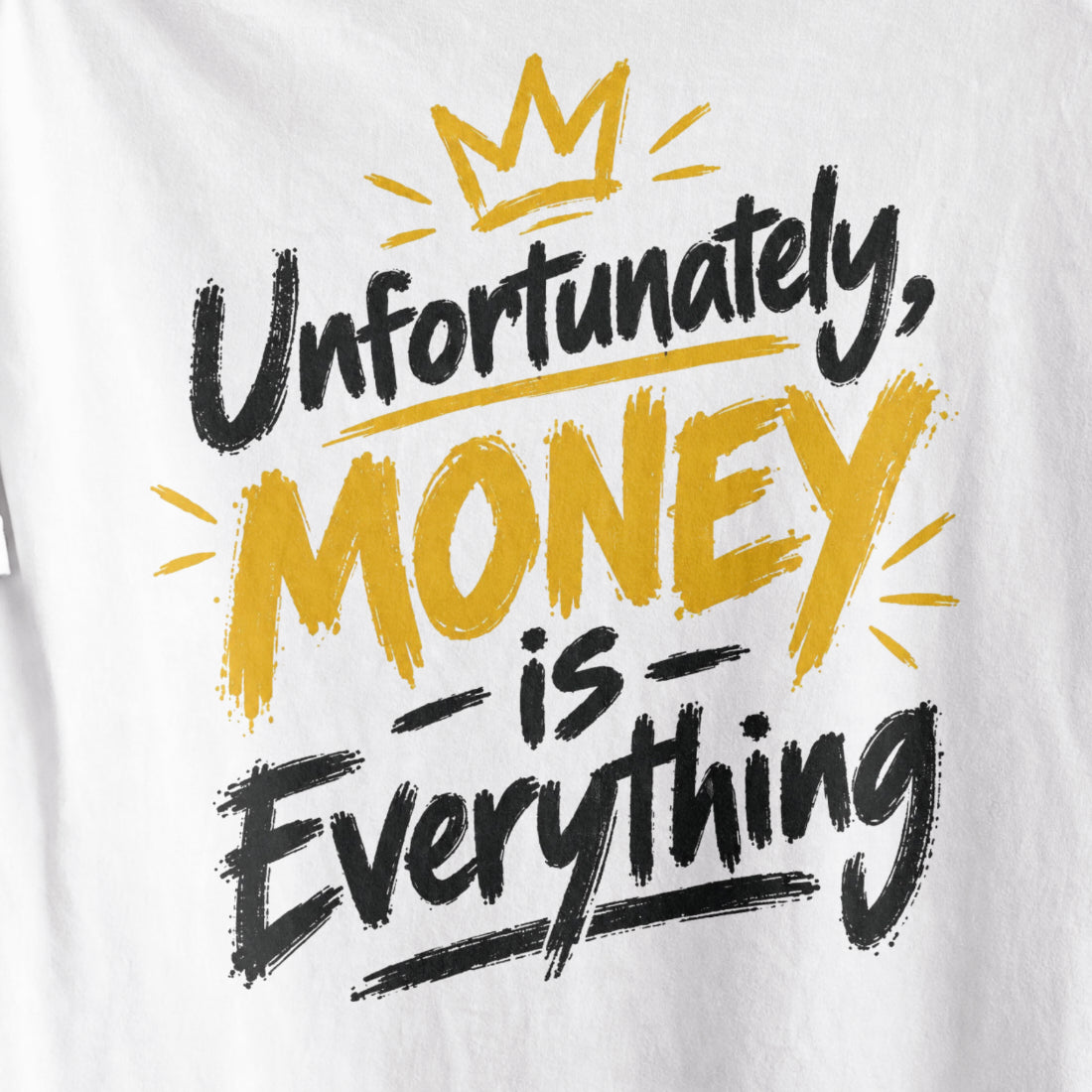 White Unfortunately Money Is Everything oversized T-shirt back print close-up – dark brush-script slogan with MONEY in mustard yellow under a gold crown