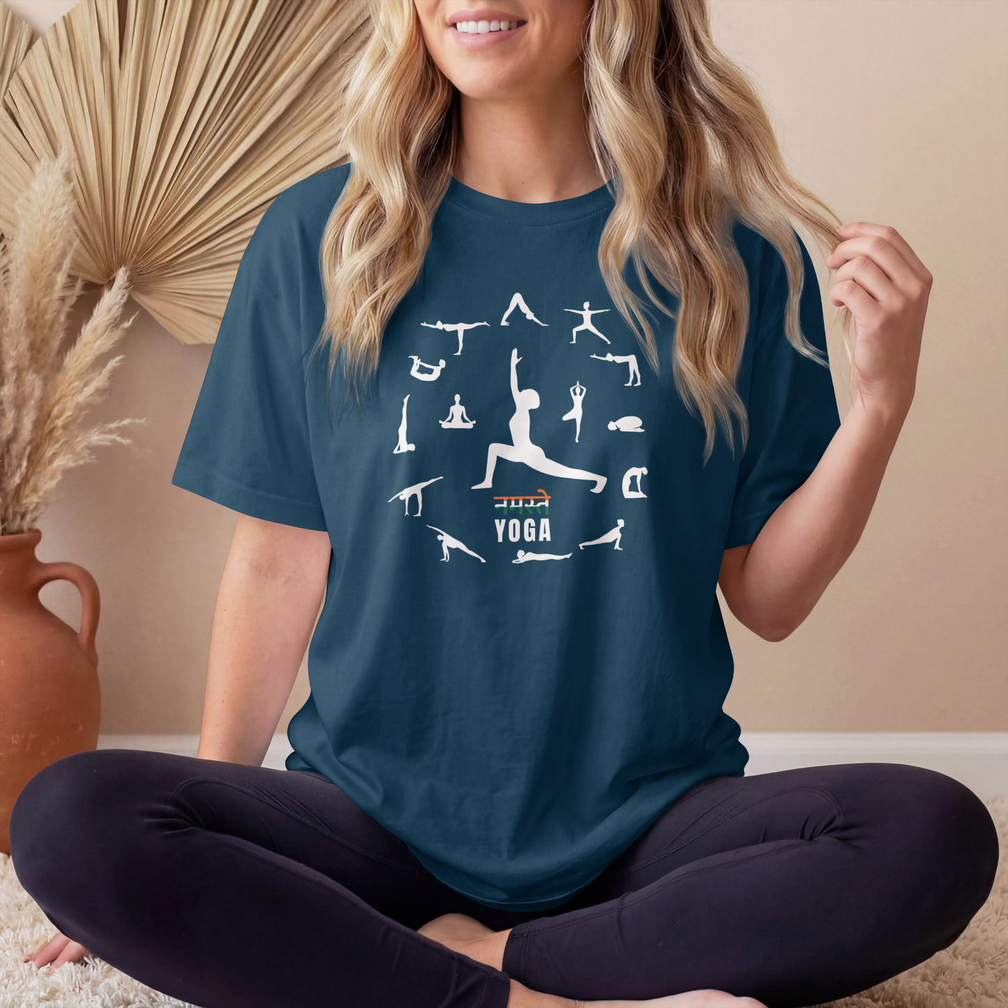 Navy Blue Women's Namaste Yoga Poses T-Shirt featuring yoga asanas graphic design on premium cotton tee