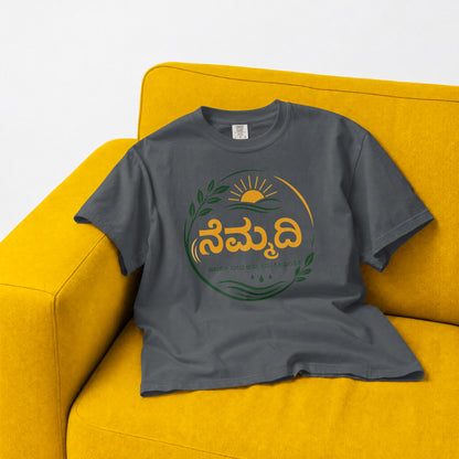 Nemmadi Kannada typography t-shirt for men in steel grey, front view