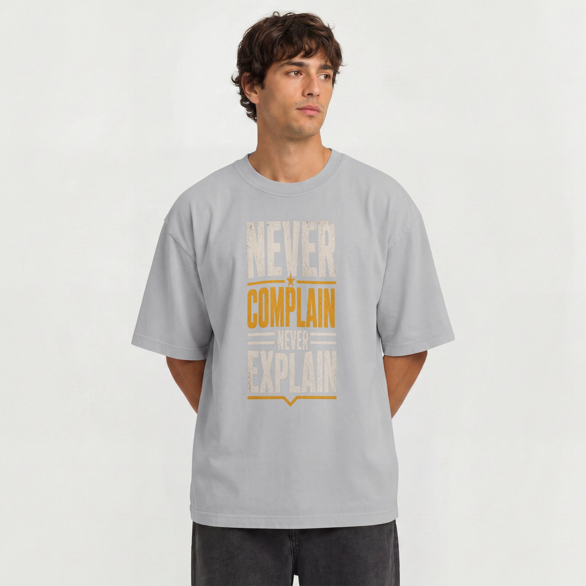 Melange Grey Never Complain Never Explain | Oversized Drop Shoulder T-Shirt (100% Cotton) | Nauma India
