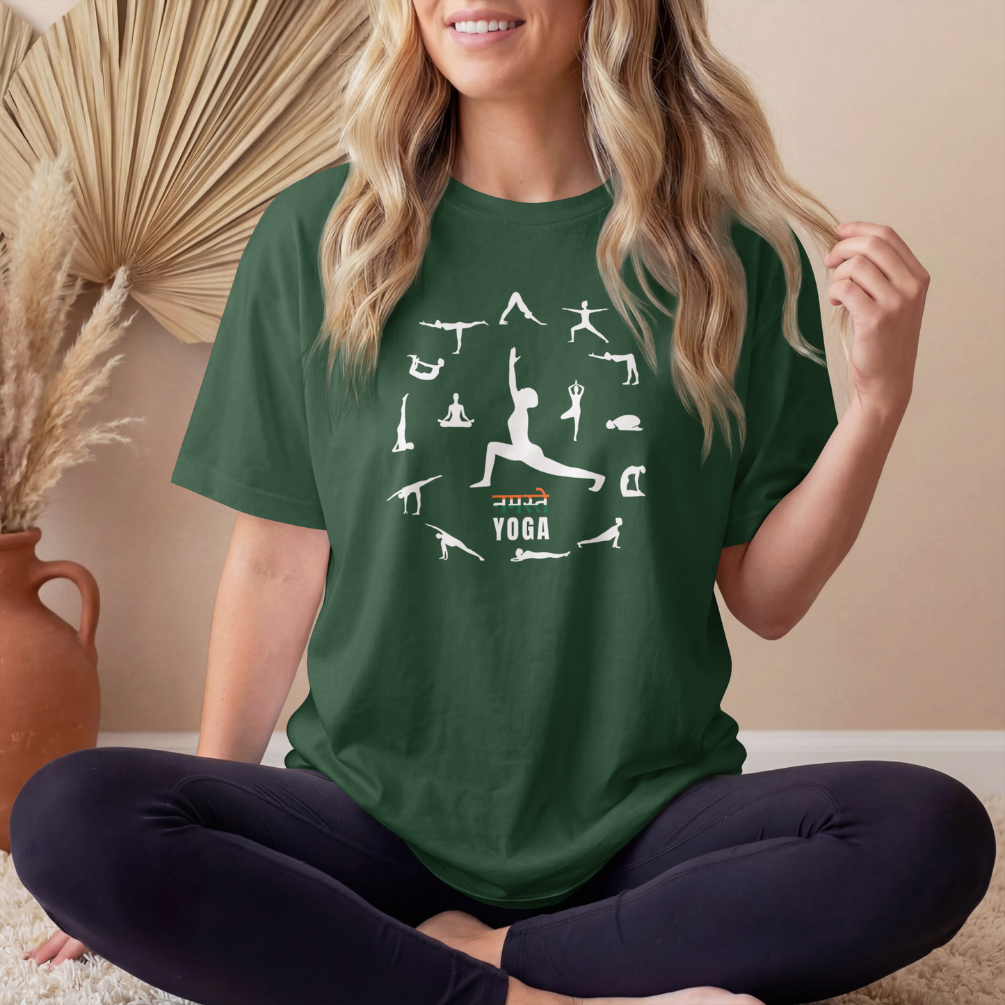 Olive Green Women's Namaste Yoga Poses T-Shirt featuring yoga asanas graphic design on premium cotton tee