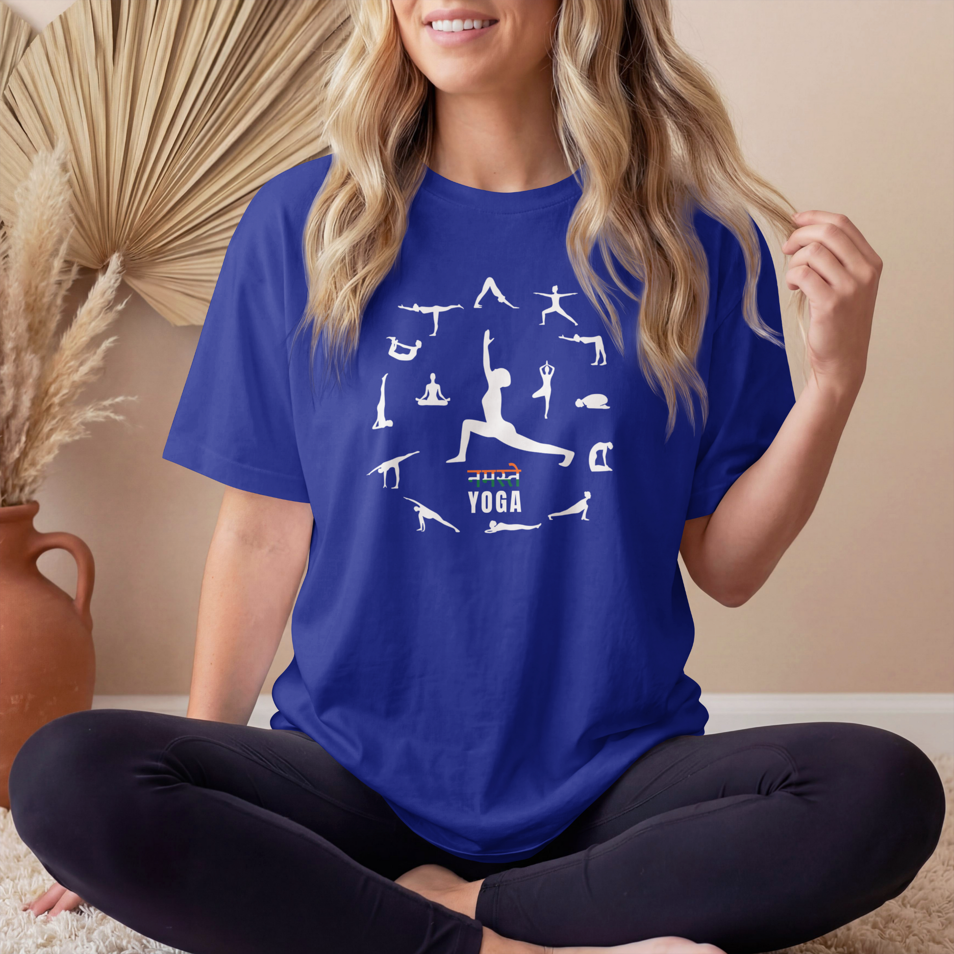 Royal Blue Women's Namaste Yoga Poses T-Shirt featuring yoga asanas graphic design on premium cotton tee